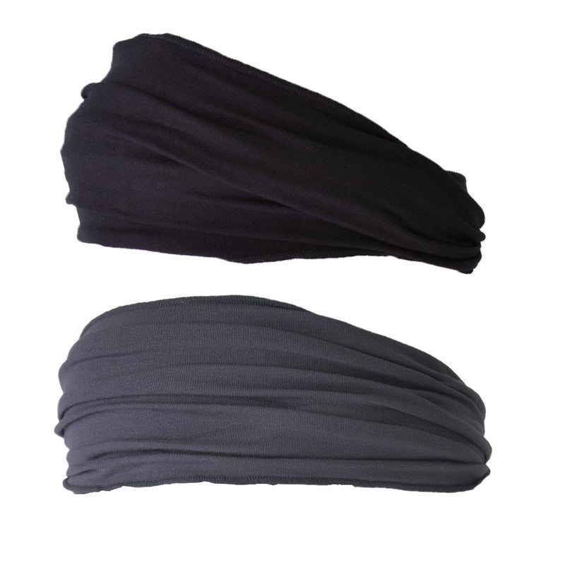 Charm Mens Head Wraps Elastic Bandana - Japanese Headband Workout Women Hair Black & Dark Gray 2-Pack - Image 1